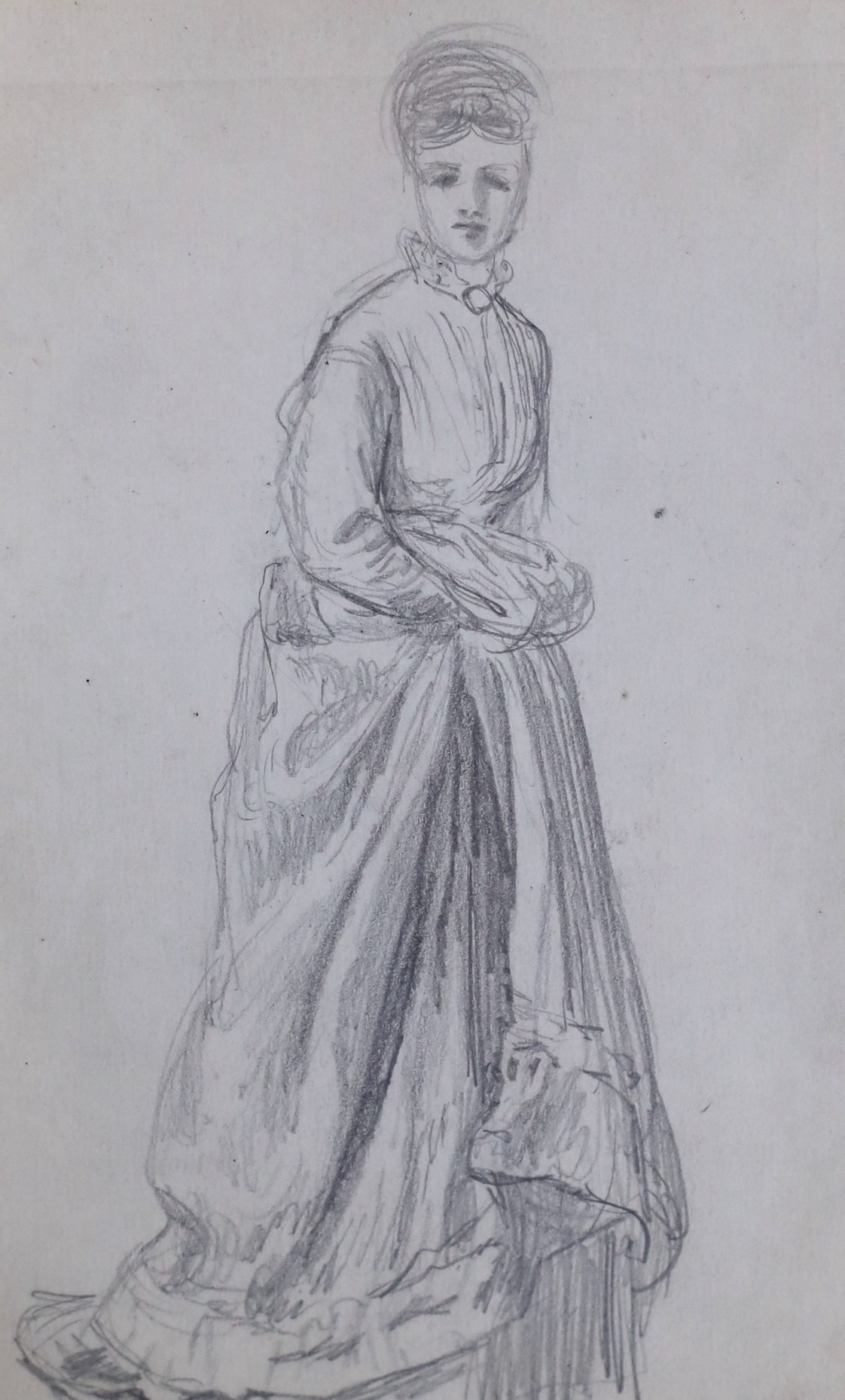 Helen Allingham (1848-1926), pencil sketch, Study from life of a standing woman, label verso, 15 x 9.5cm